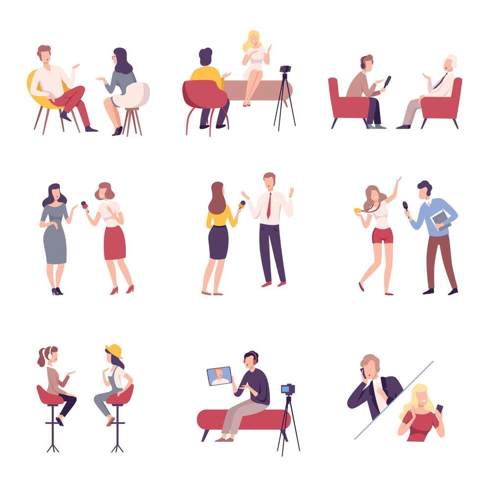 Journalists Interviewing Business People, Celebrities or Politicians Set, Communication, Business Meeting, Interviewing, Online Streaming Flat Illustration vector