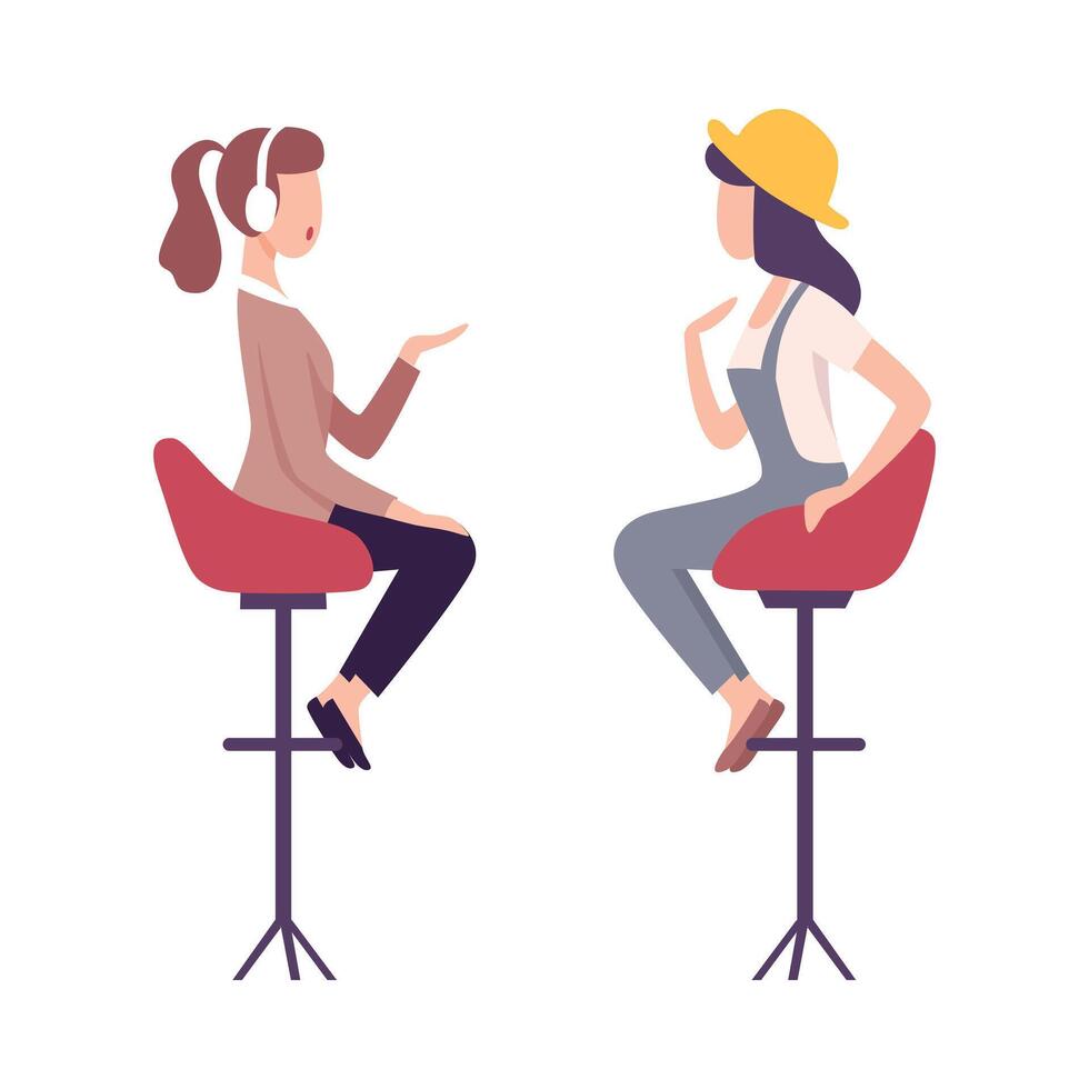 Journalist in Headphones Interviewing Female Celebrity, Two Young Woman Sitting on High Chairs and Talking to Each Other Flat Illustration vector