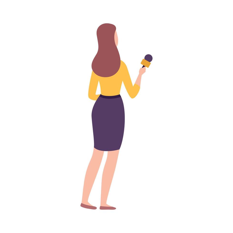 Rare View of Female Journalist Making Interview, Professional Reporter Character with Microphone Presenting News Flat Illustration vector