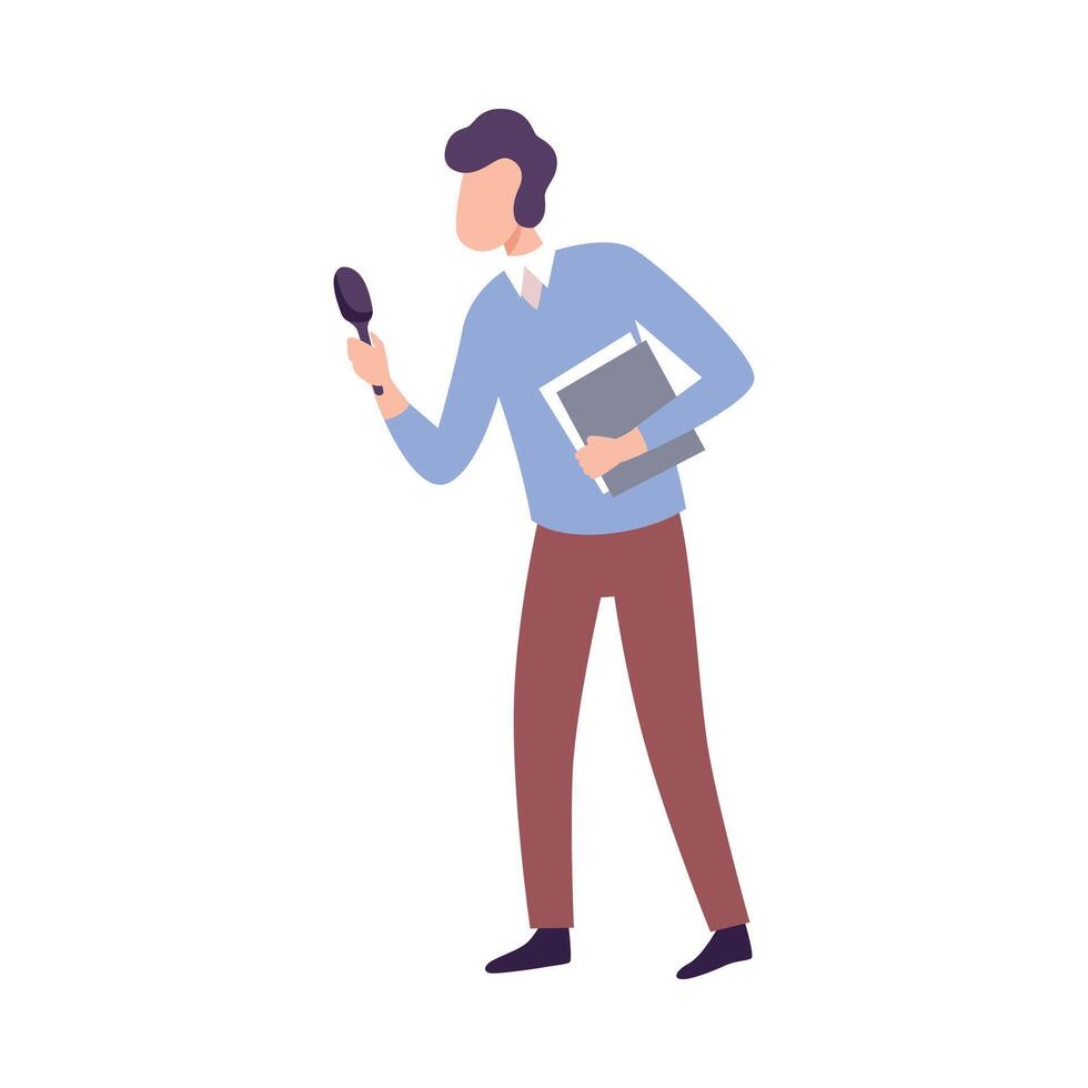 Male Journalist Making Interview, Professional Reporter Character with Microphone, Press Conference, Interview, News, Telecasting Flat Illustration vector