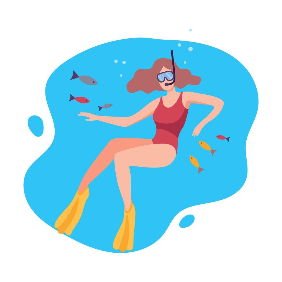 Girl Scuba Diver in Red Swimsuit Swimming under the Sea with Small Fishes, Summer Holidays, Extreme Hobby Flat Illustration vector