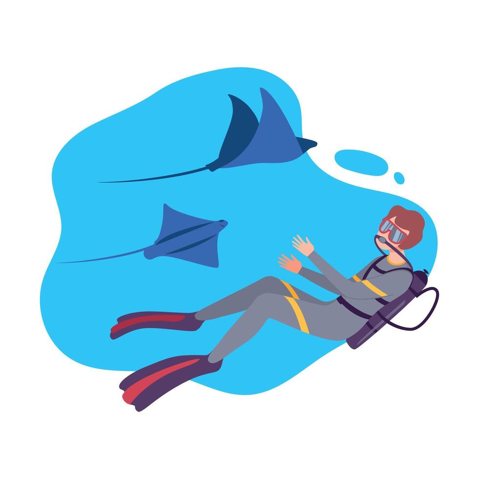 Man in Scuba Diving Suit and Aqualung Swimming with Fishes under the Sea, Diver Exploring the Underwater World Flat Illustration vector