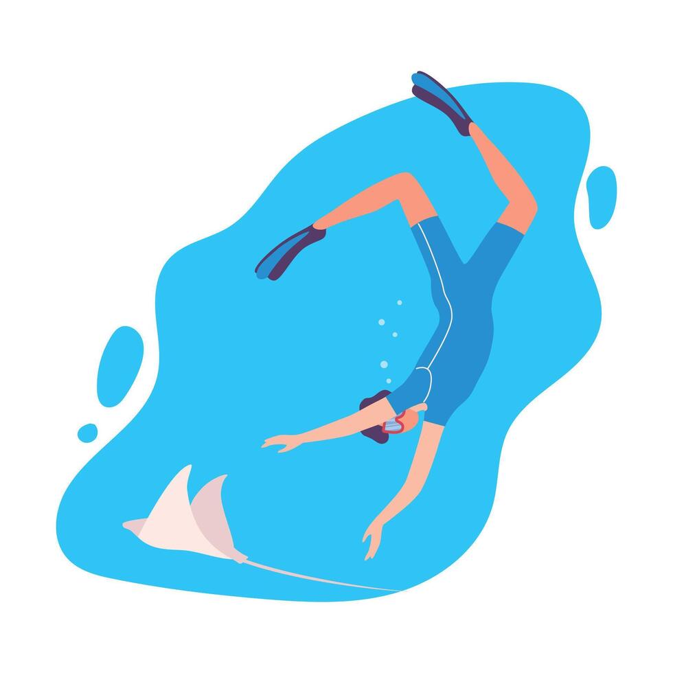 Man in Swimwear, Mask and Flippers Swimming under the Water, Extreme Hobby Flat Illustration vector