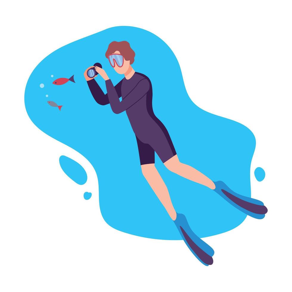 Man in Swimwear and Goggles Swimming and Photographing Fishes under the Sea, Diver Exploring the Underwater World Flat Illustration vector