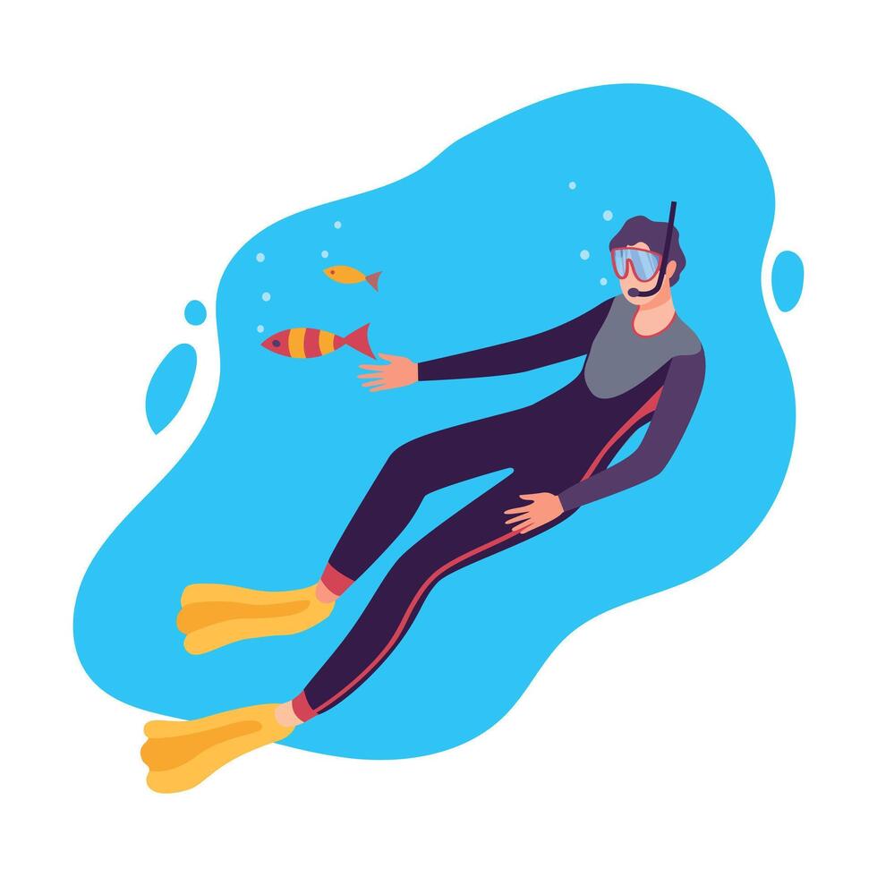 Man in Scuba Diving Suit Swimming with Fishes under the Sea, Professional Diver Exploring the Underwater World Flat Illustration vector