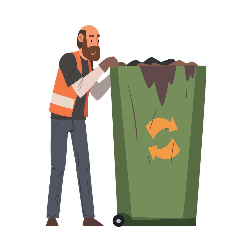 Man Janitor and Garbage Bin Recycling Container, Male Professional Cleaning Staff Character Wearing Orange Vest, Cleaning Company Service Illustration vector