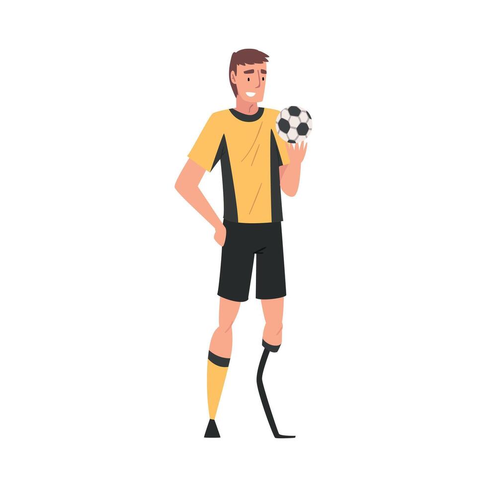 Disabled Soccer Player in Sports Uniform with Ball, Male Athlete Character with Bionic Arm Prosthesis Illustration vector
