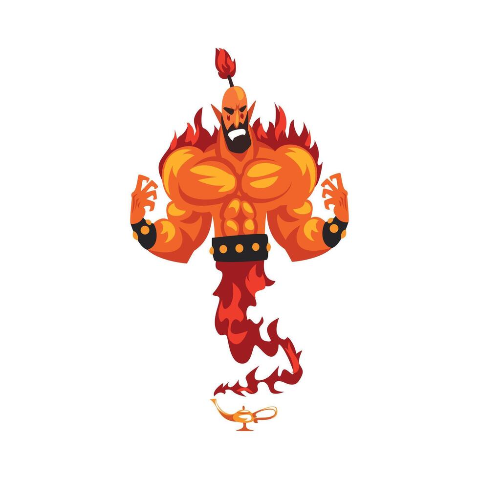 Fire Genie Coming Out of Lamp, Oriental Arabian Fairy Tale Cartoon Character Illustration vector