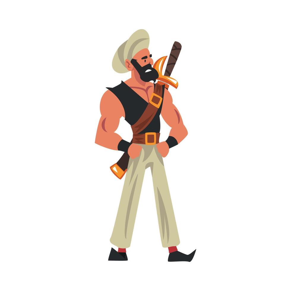 Muscular Oriental Armed Warrior, Arabian Fairy Tale Cartoon Character Illustration vector