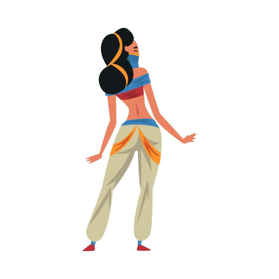 Beautiful Arabian Princess in Traditional Clothes, Oriental Fairy Tale Cartoon Character, View from Behind Illustration vector