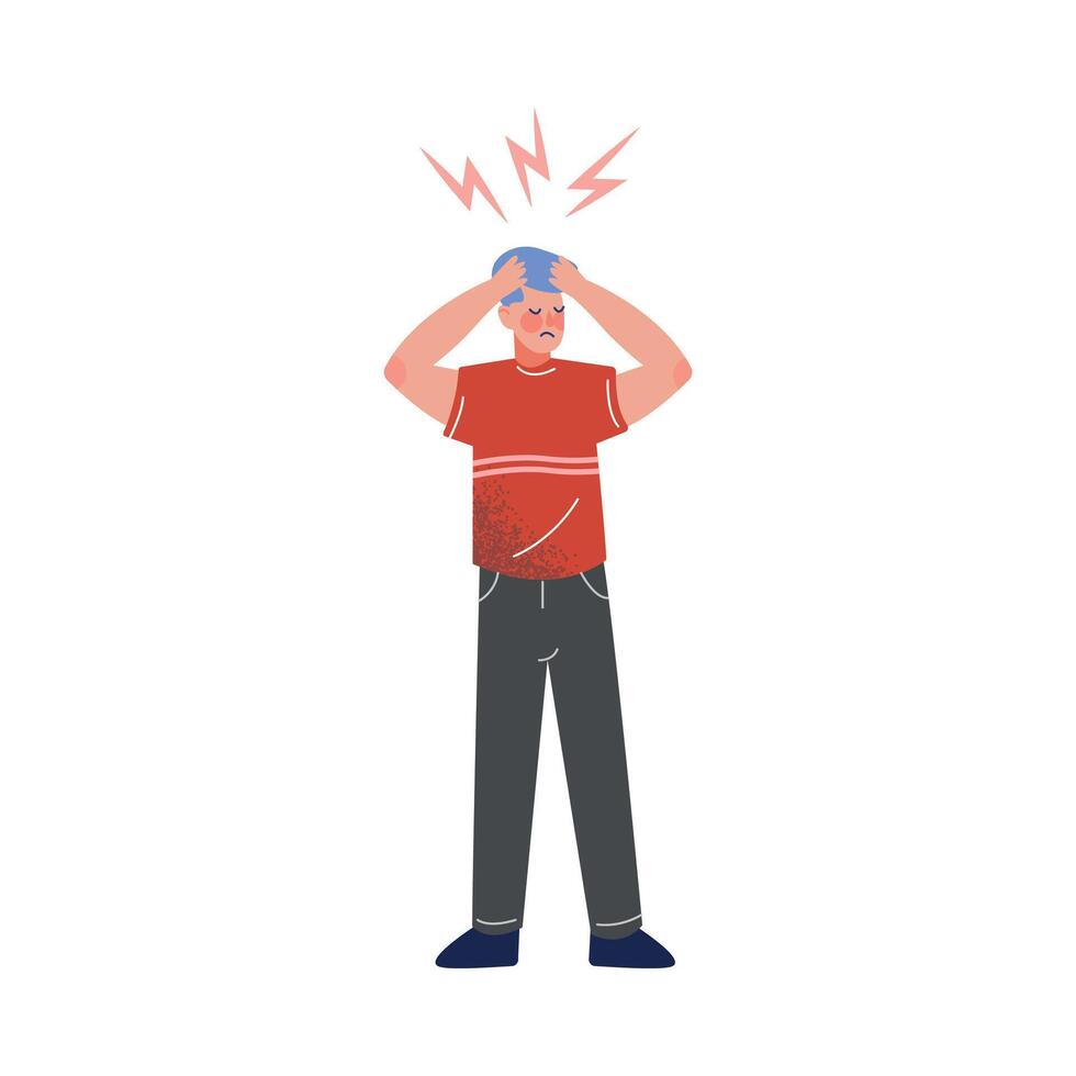 Young Man in Casual Clothing Holding His Head By Hands with Lightning over His Head Illustration vector