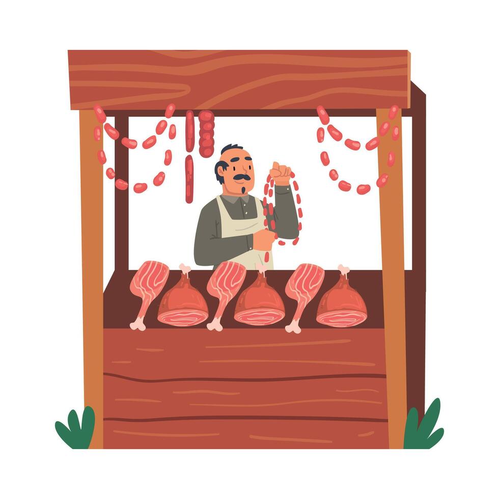 Male Farmer Selling Fresh Organic Meat on Wooden Stall at Marketplace Illustration vector