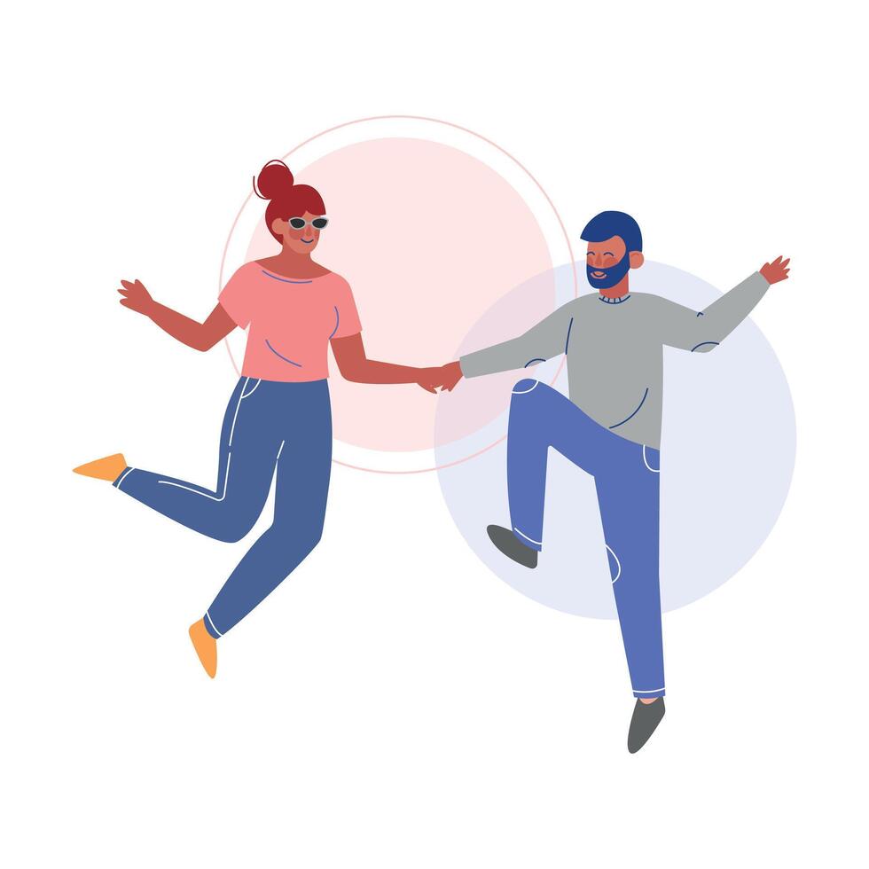 Happy Couple, Man and Woman Happily Jumping Holding Hands Illustration vector
