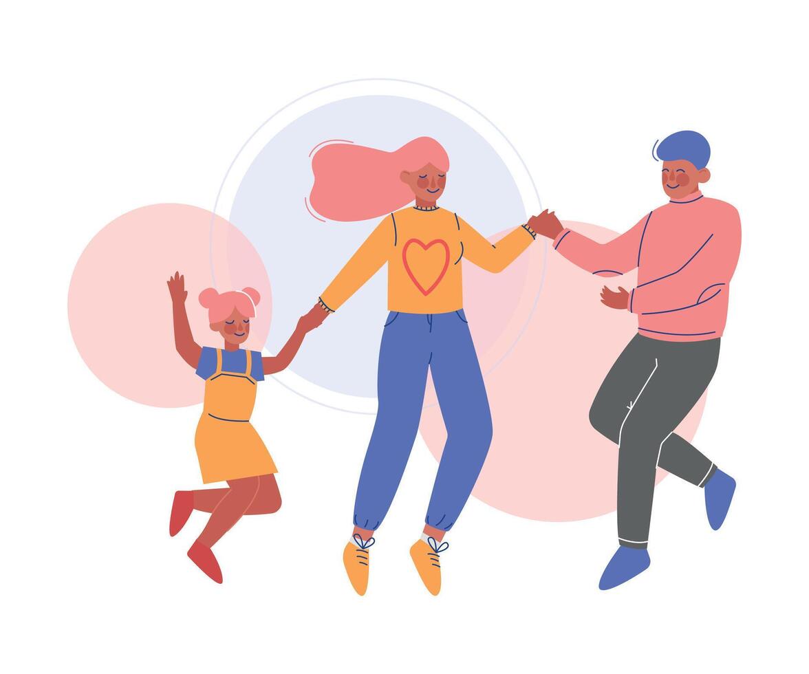 Happy Family Jumping Together, Father, Mother and Their Daughter Having Fun Illustration vector
