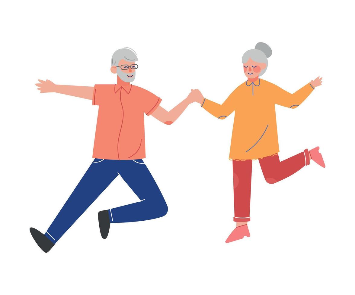 Elderly Couple Happily Jumping Holding Hands, Grandfather and Grandmother Having Fun Together Illustration vector