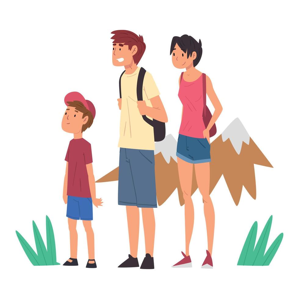 Happy Family Travelling and Sightseeing, Smiling Father, Mother and Their Son Characters on Vacation Illustration vector