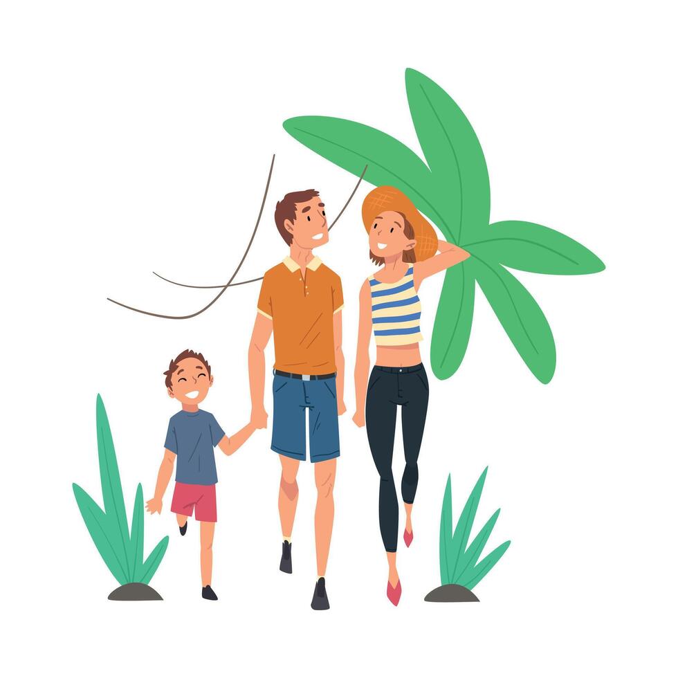 Happy Family Travelling and Having Rest on Vacation, Smiling Father, Mother and Their Son Characters on Tropical Resort Illustration vector