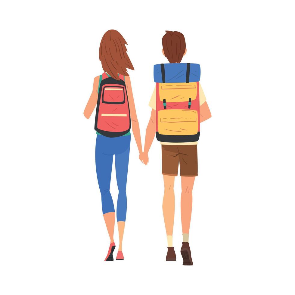 Happy Couple Walking Holding Hands, Tourists Travelling and Sightseeing with Backpacks, View from Behind Illustration vector