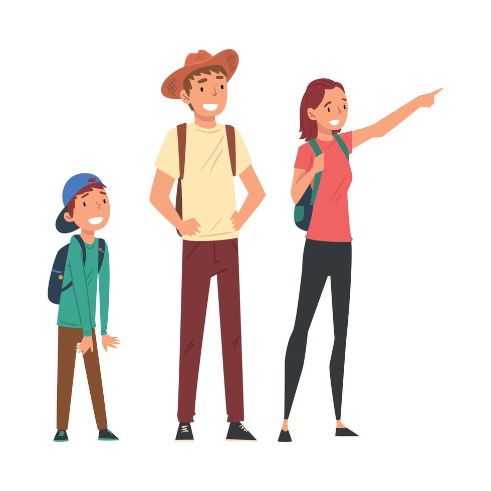 Happy Family Travelling and Sightseeing on Vacation, Smiling Father, Mother and Their Son Characters Illustration vector