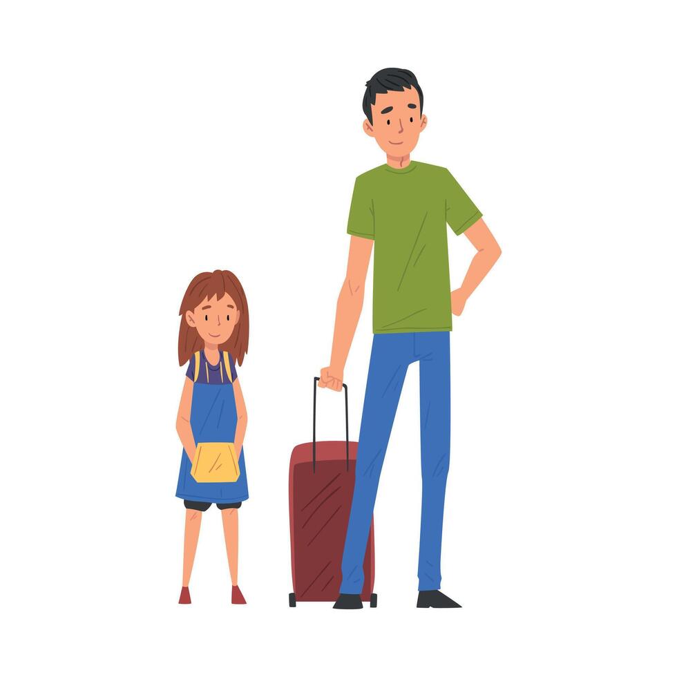 Father and His Daughter Travelling Together on Vacation with Suitcase Illustration vector