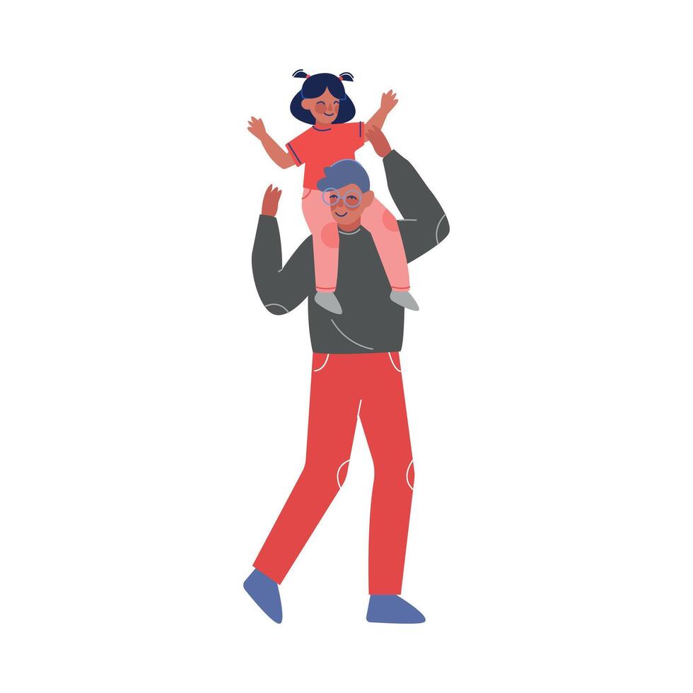 Dad Carrying Little Daughter on His Shoulders, Father and His Child Having Good Time Together Illustration vector