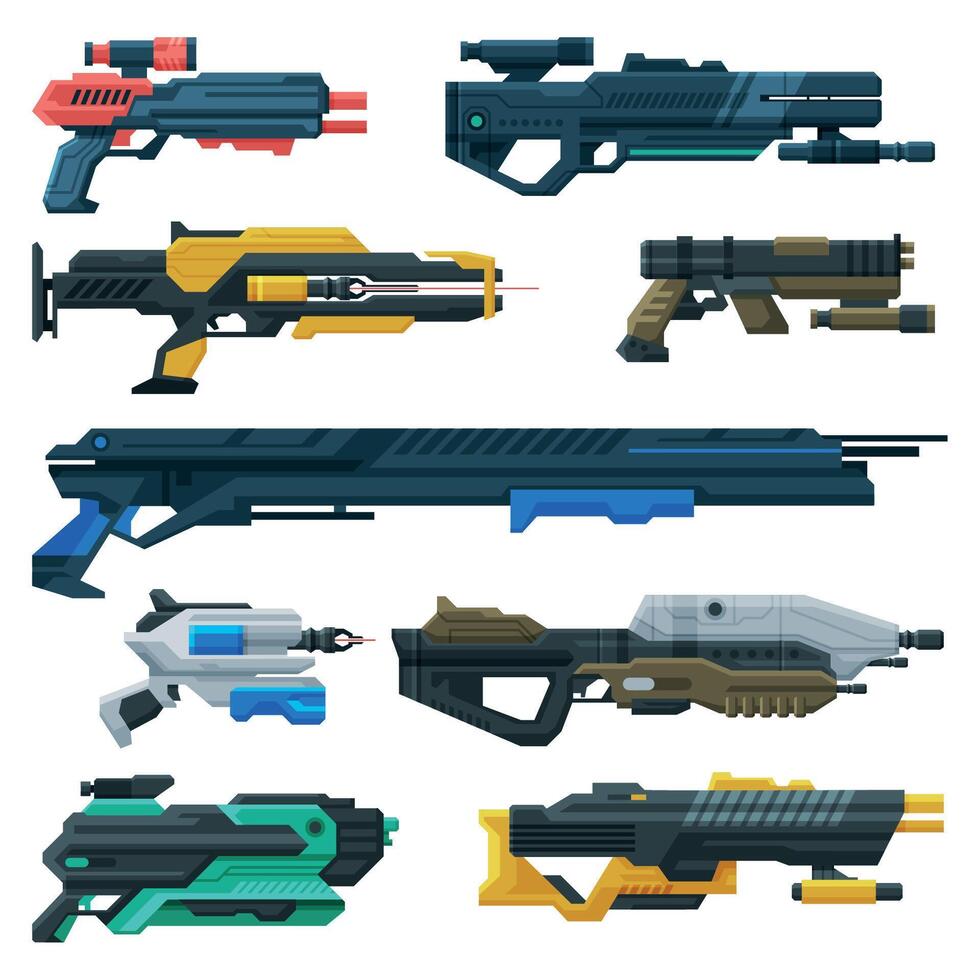 Futuristic Space Guns Blasters Collection, Fantastic Handguns, Alien Weapon Illustration vector