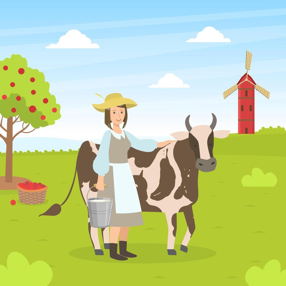 Woman with Bucket Standing Next to Spotted Cow, Female Farmer Working at Farm, Summer Rural Landscape illustration vector