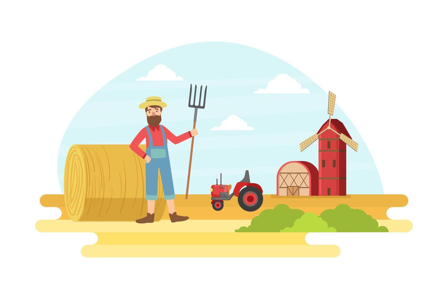 Cheerful Male Farmer with Pitchfork at Summer Rural Landscape, Agricultural Worker Working at Farm illustration vector
