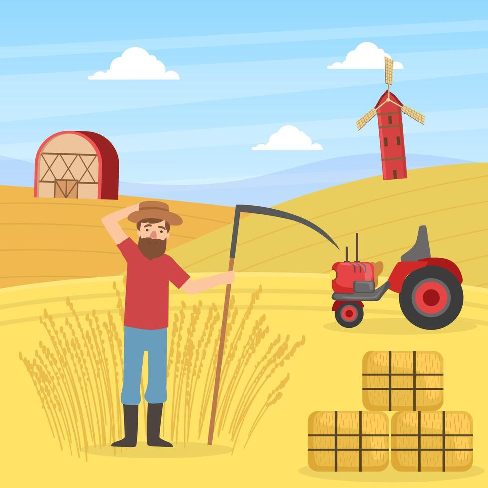 Farmer Mowing Grass with Scythe, Agricultural Worker Working at Farm, Autumn Rural Landscape illustration vector