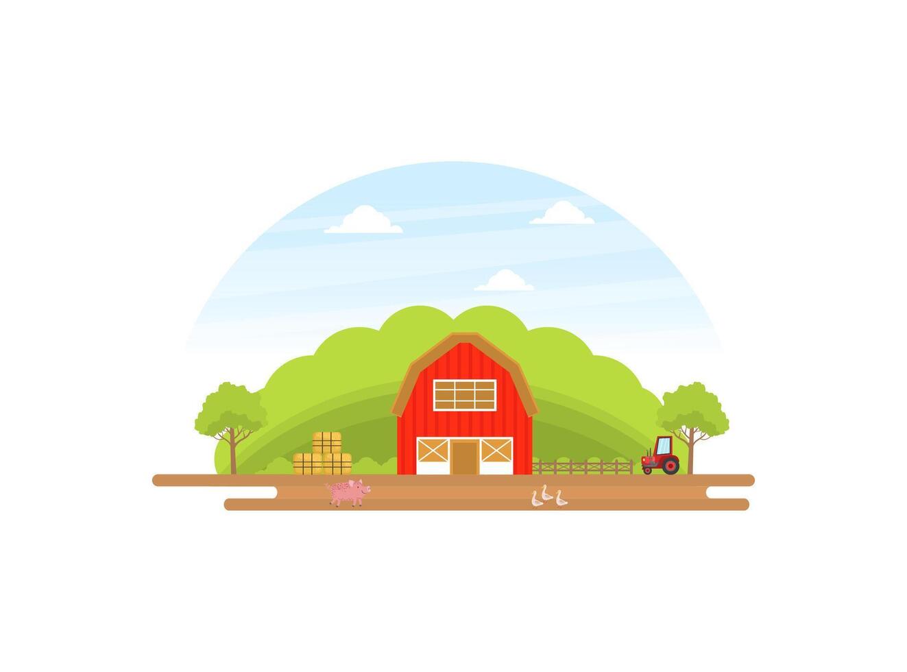 Agriculture and Farming, Summer Rural Landscape with Red Barn, Tractor and Livestock illustration vector
