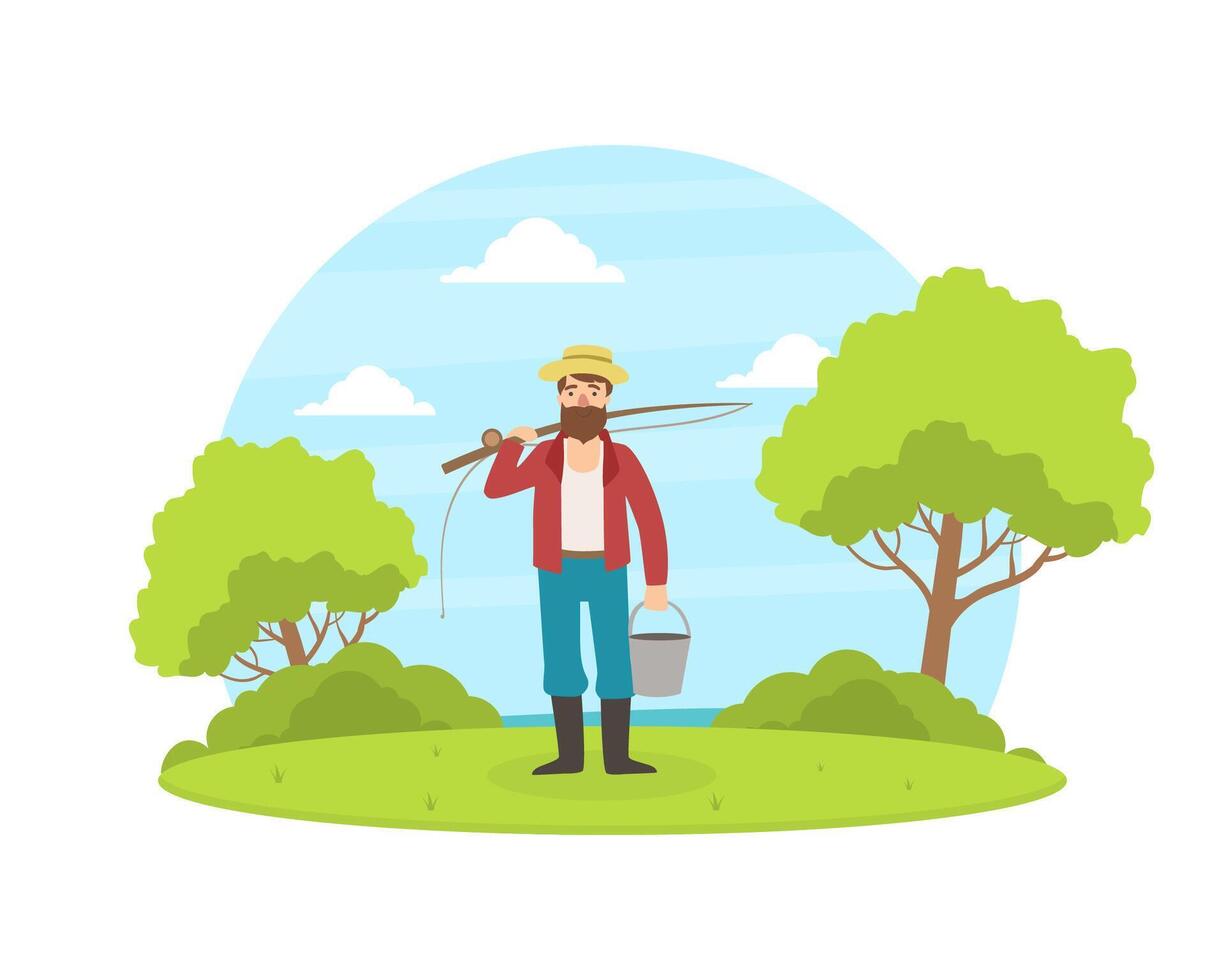 Fisherman Standing with Bucket and Fishing Rod on Background of Summer Rural Landscape Illustration vector