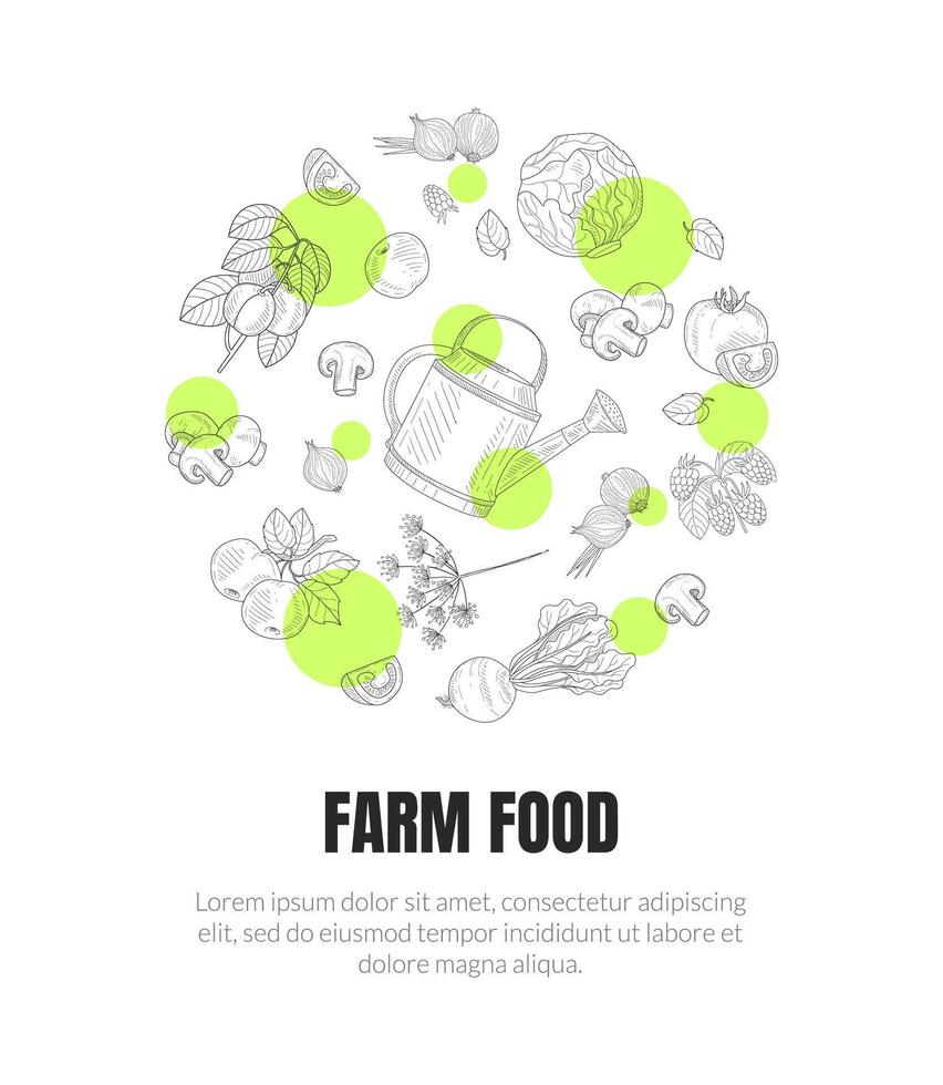 Farm Food Banner Template with Hand Drawn Vegetables Seamless Pattern of Round Shape Illustration vector