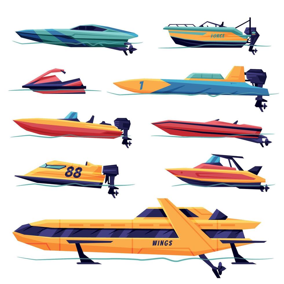 Modern Power Boats or Speedboats Collection, Motorized Water Transport, Summer Vacation Design Elements Illustration vector