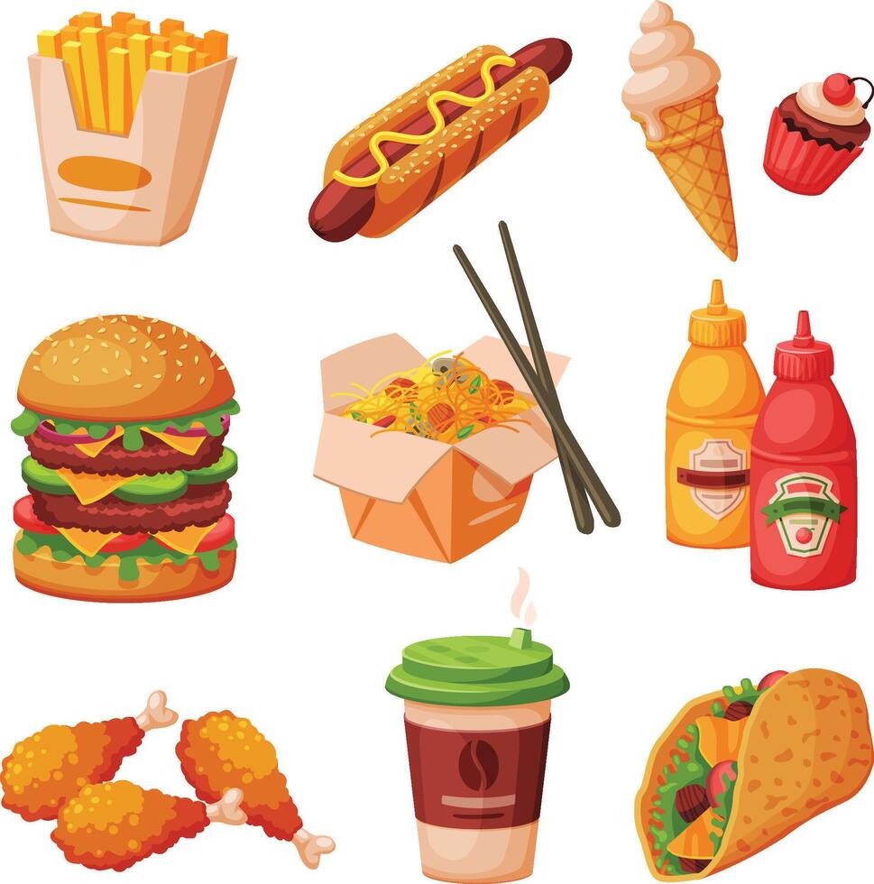 Fast Food Dishes with Drinks and Desserts Collection, Unhealthy Meal, Objects for Cafe or Restaurant Menu Illustration vector