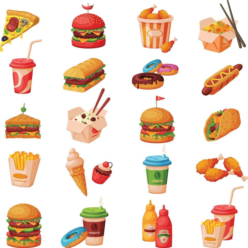 Fast Food Dishes with Drinks and Desserts Collection, Objects for Cafe or Restaurant Menu Illustration vector
