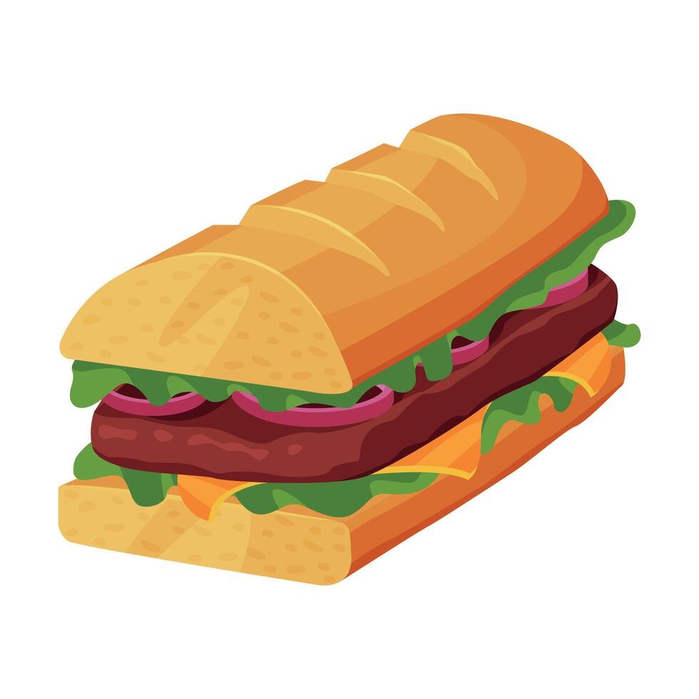 French Sandwich, Loaf with Ham Slices, Cheese and Lettuce, Fast Food Meal Illustration vector