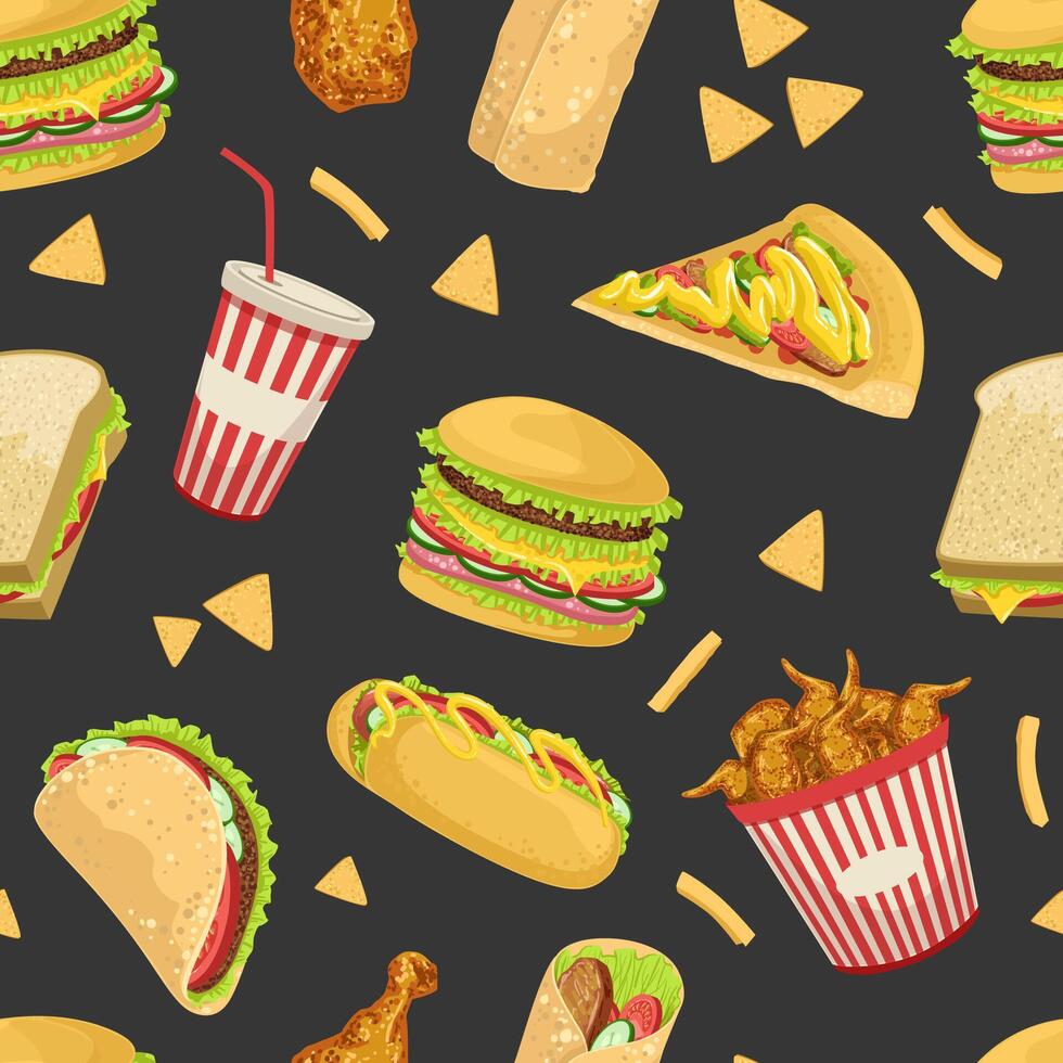 Fast Food Seamless Pattern, Tasty Unhealthy Meals, Design Element Can Be Used for Website, Cooking Book, Restaurant Menu, Wrapping Paper Illustration vector