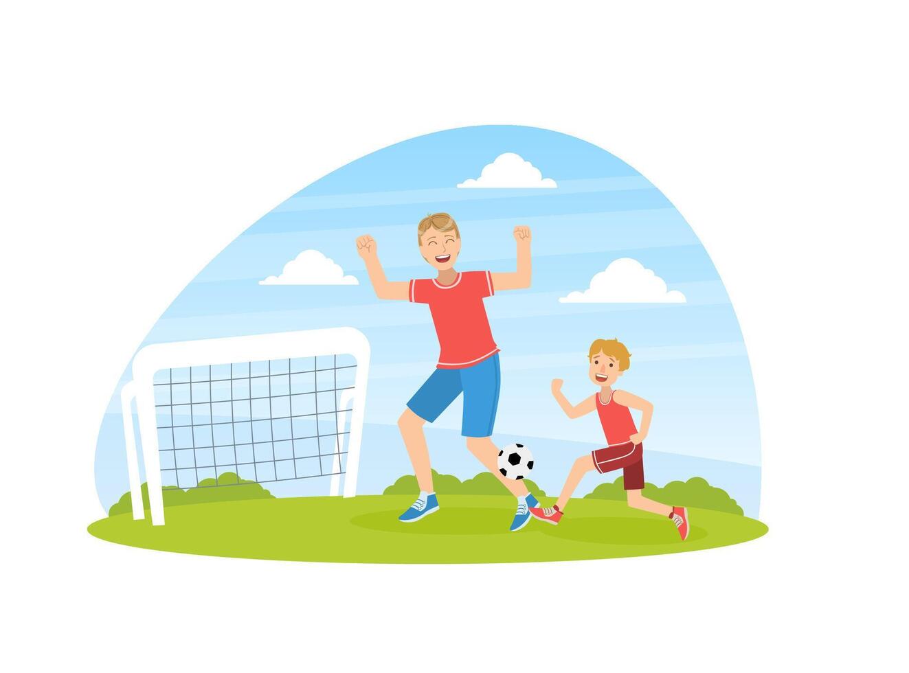Father and Son Playing Soccer, Cheerful Dad Spending Good Time with His Child Illustration vector