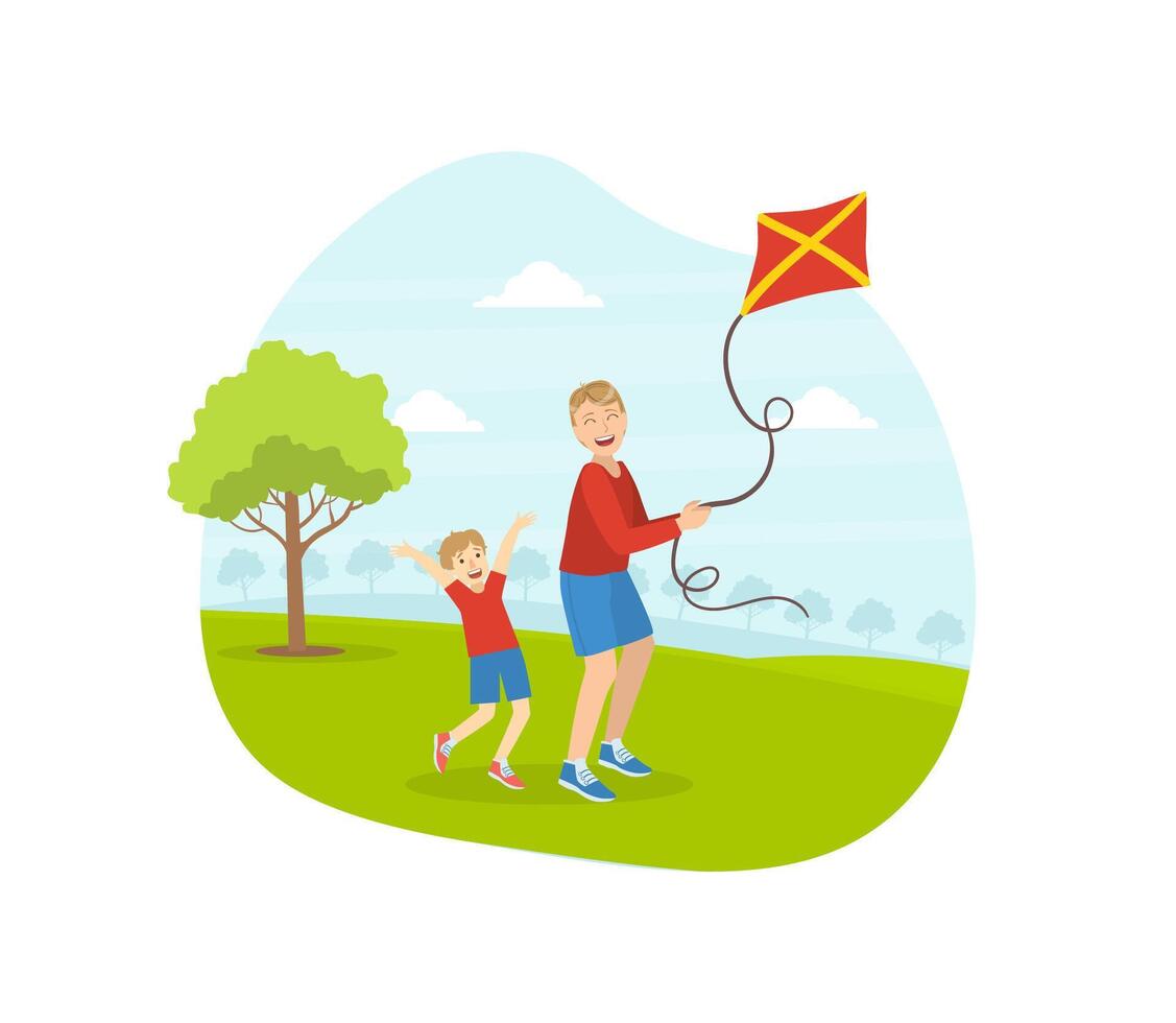 Father and His Son Playing Kite, Smiling Dad Spending Good Time with His Child Illustration vector