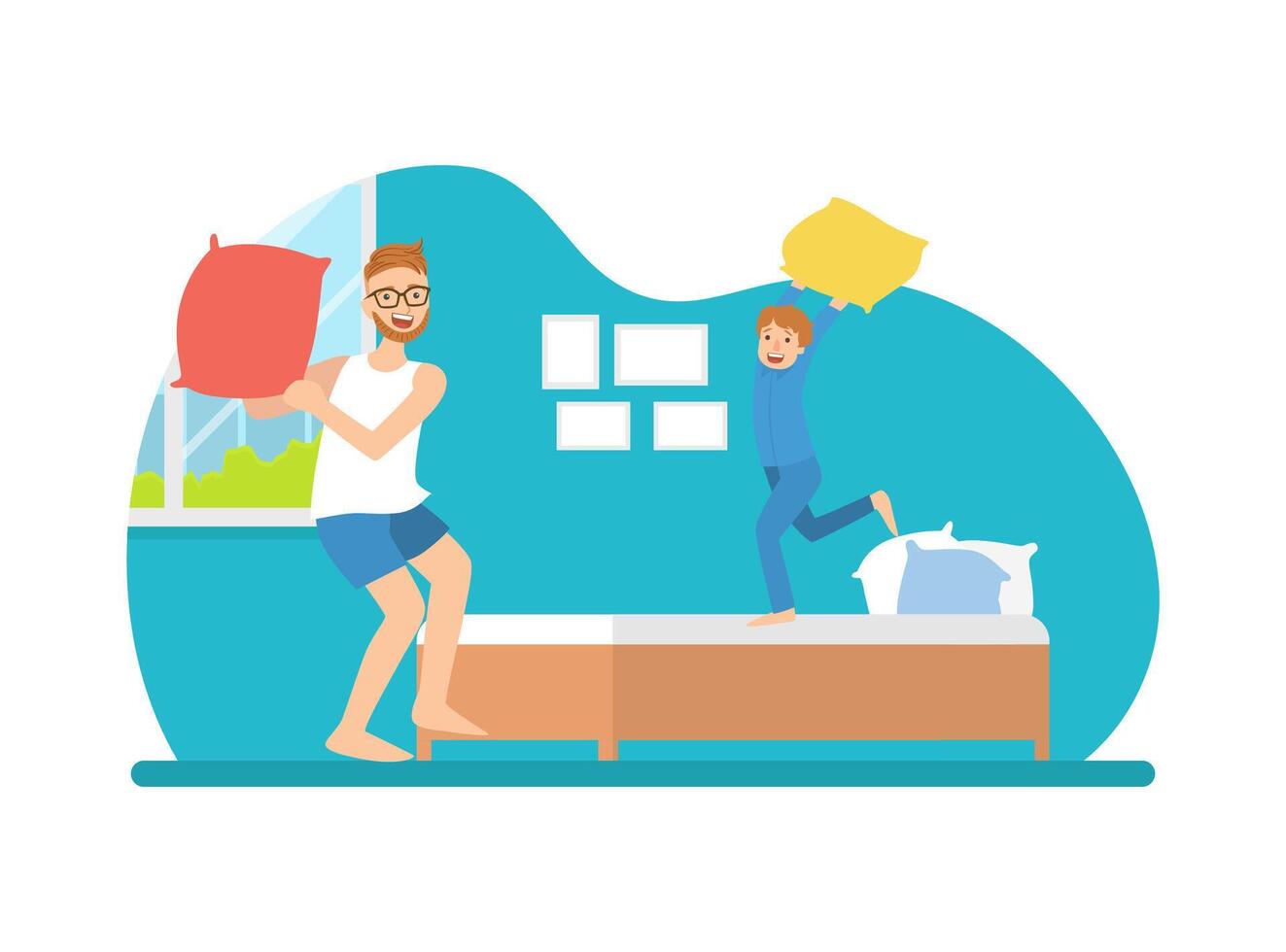 Dad and His Son Having Pillow Fight, Father and His Child Having Fun Together Illustration vector