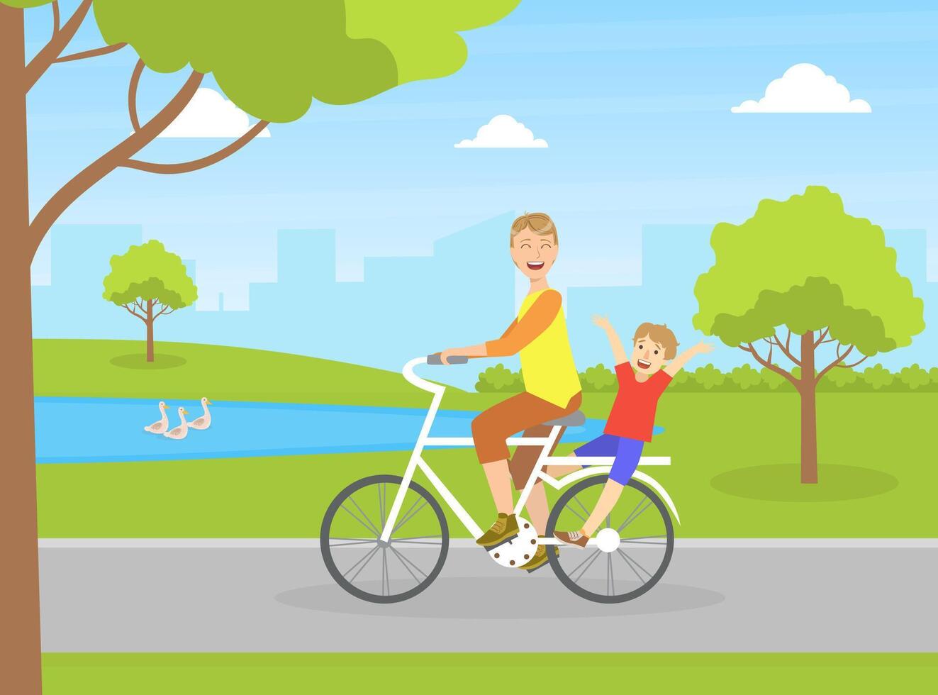Smiling Father with His Happy Son Riding Bike in City Park, Dad Spending Good Time with His Child Illustration vector