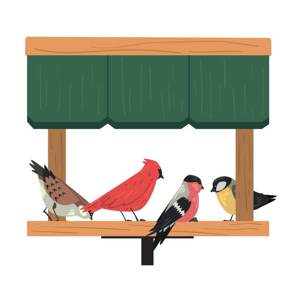 Winter Bird Feeder, Northern Birds Feeding by Seeds in Wooden Feeder, Cute Red Cardinal, Chickadee, Sparrow, Bullfinch Illustration vector