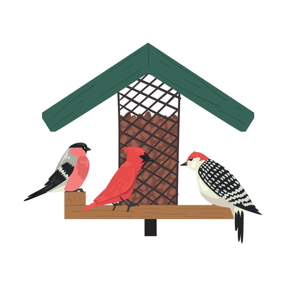 Winter Bird Feeder, Northern Birds Feeding by Seeds in Wooden Feeder, Cute Red Cardinal, Chickadee, Sparrow, Woodpecker Illustration vector