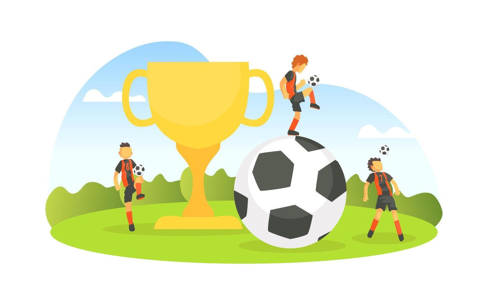 Big Winner Cup and Soccer Ball, Tiny Soccer Players Kicking Ball at the Soccer Field Illustration vector