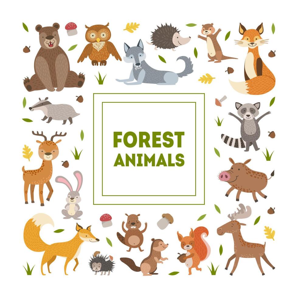 Forest Animals Banner Template with Cute Wild Animals of Square Shape, Greeting Card, Poster, Banner, Background Design Element Illustration vector