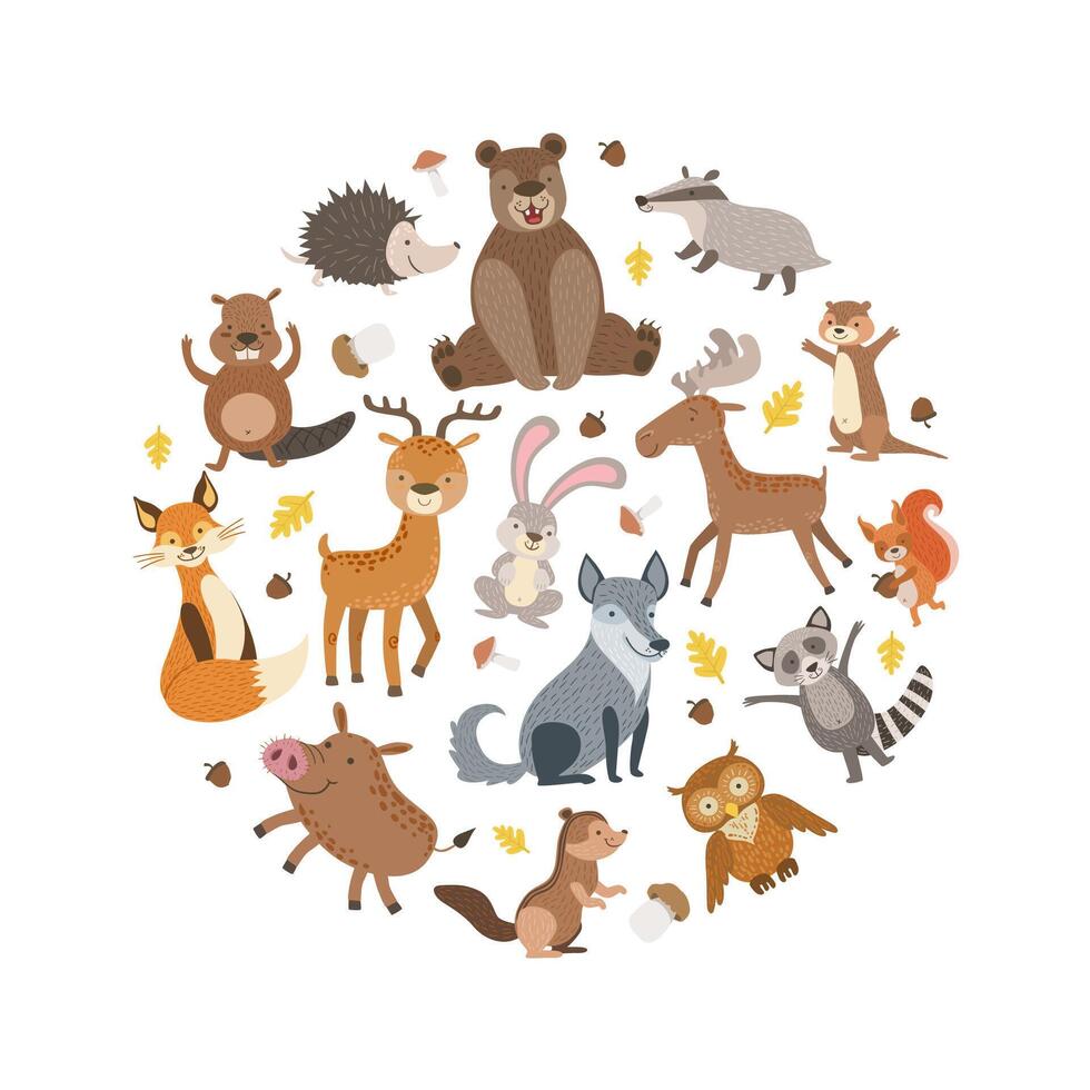 Cute Wild Forest Animals Pattern of Round Shape, Greeting Card, Poster, Banner, Background Design Element Illustration vector