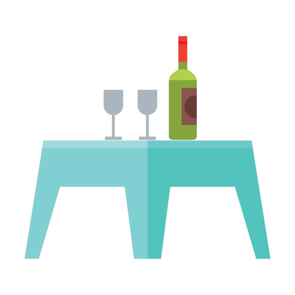 Small Table with Bottle of Wine and Two Glasses, Modern Garden Furniture Design Flat Illustration vector