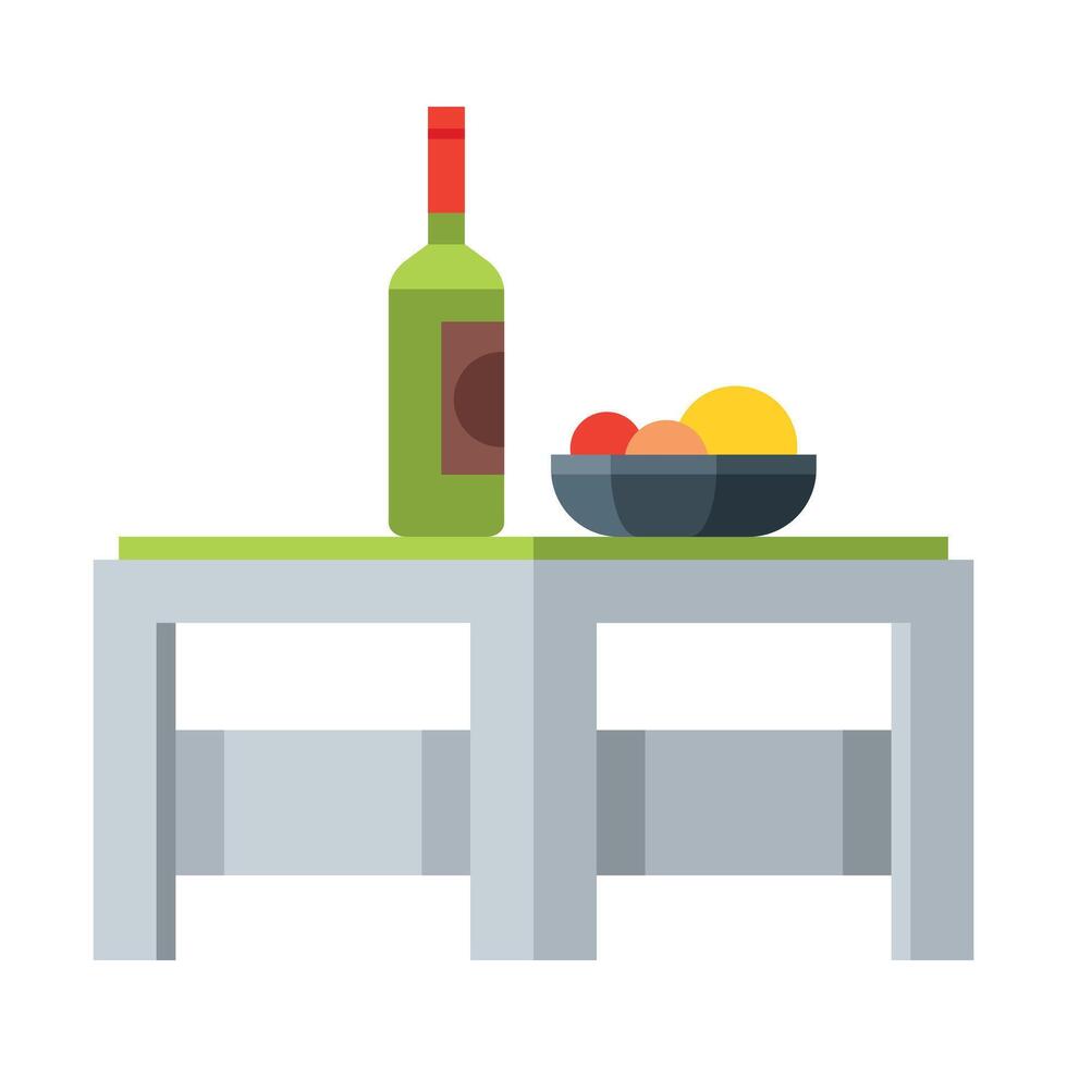 Small Table with Bottle of Wine and Dish of Fresh Fruits, Modern Garden Furniture Design Flat Illustration vector