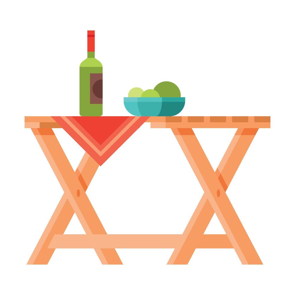 Wooden Table with Bottle of Wine and Dish of Fresh Fruits, Modern Garden Furniture Design Flat Illustration vector