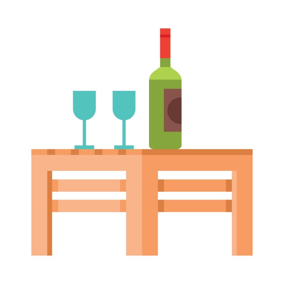 Small Wooden Table with Bottle of Wine and Two Glasses, Modern Garden Furniture Design Flat Illustration vector
